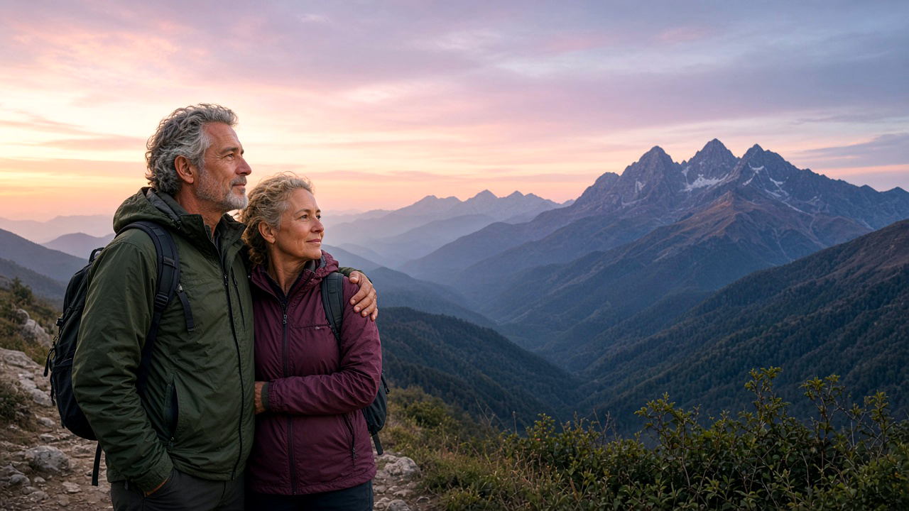 Vital older couple on a mountain overlook at dusk
