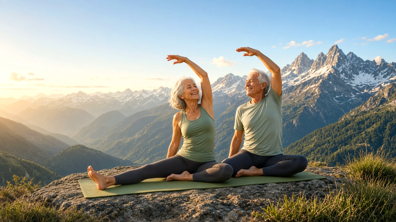 Vital older couple practicing yoga on a mountain summit with an Andes-like vista