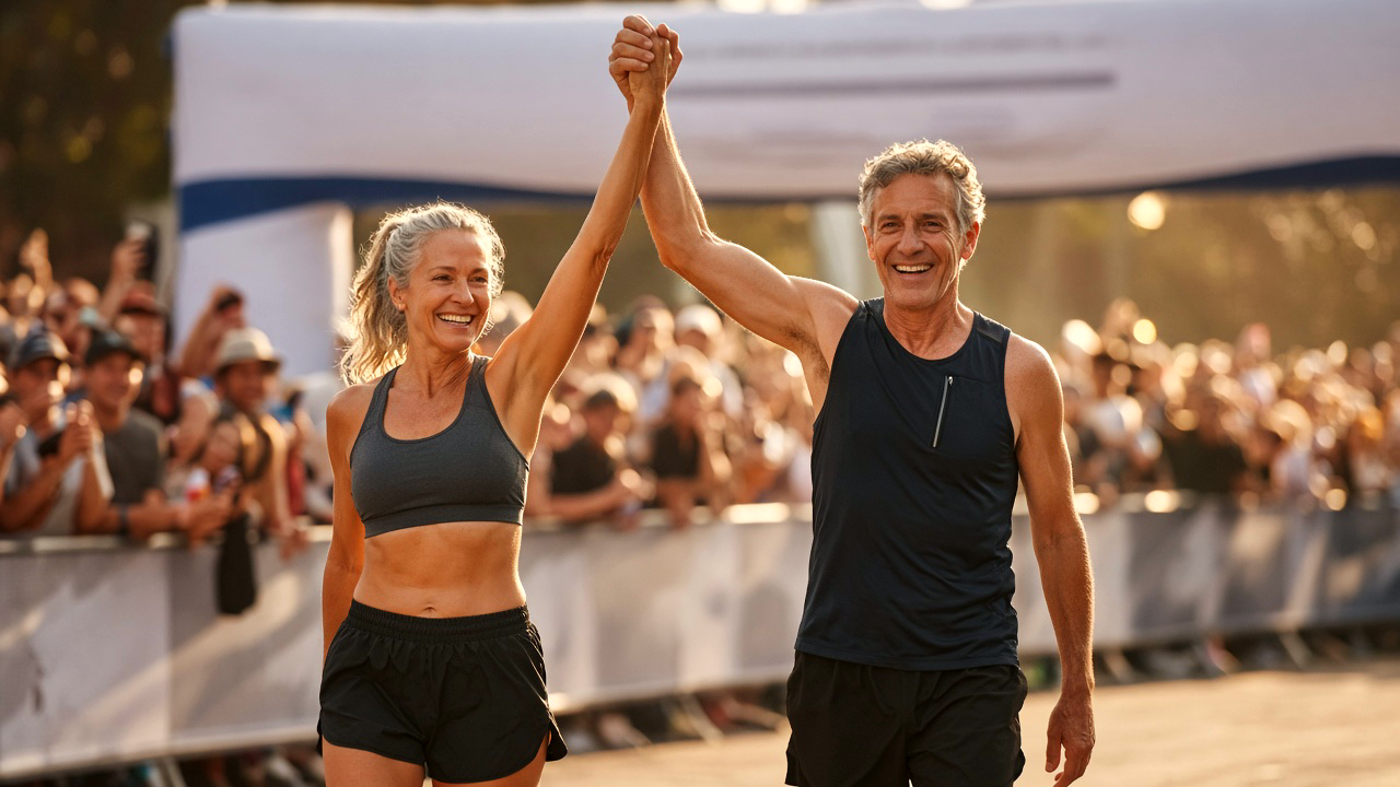 Vital older couple celebrating as they cross a marathon finish line with hands held high
