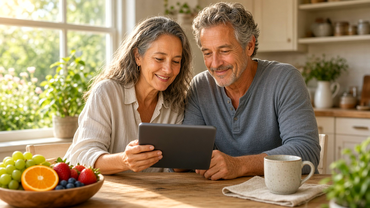 Vital older couple learning together at a bright kitchen table