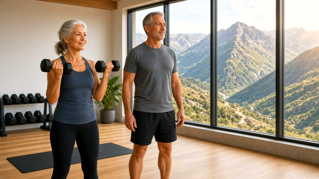 Vital older couple strength training in a bright home gym with a mountain view