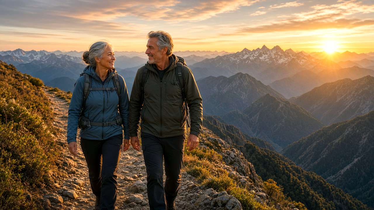 Vital older couple hiking an alpine trail at golden hour