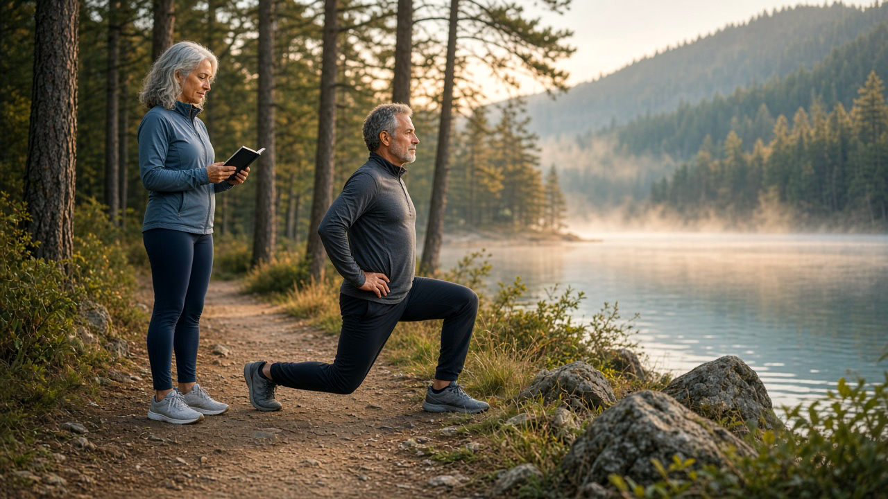 Vital older couple training beside a lake with a structured practice plan