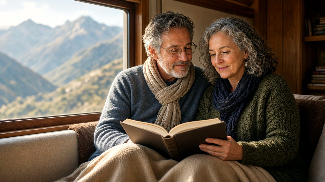Vital older couple reading together by a window with mountain views
