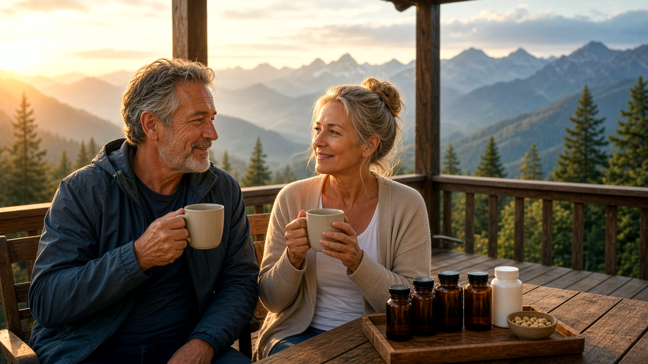 Vital older couple with morning light and supplements on a mountain cabin deck